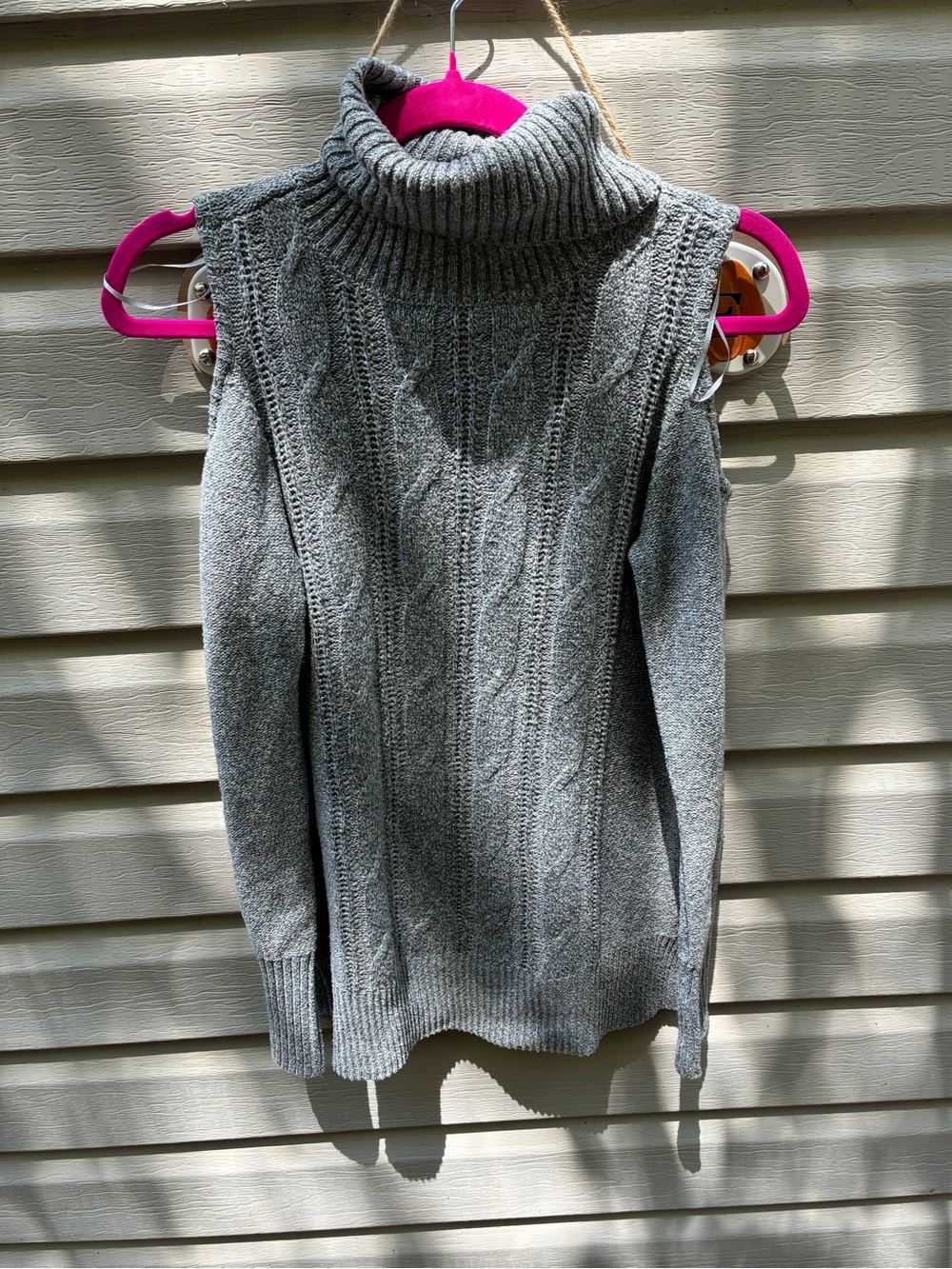 Gray Cable-Knit Turtleneck Cold-Shoulder Sweater